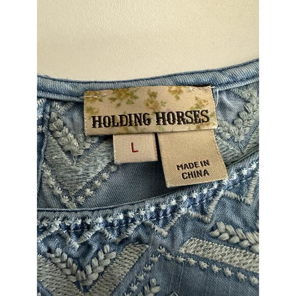 Anthropologie Holding Horses Sz L Embroidered Chambray Dress Lyocell Western - Picture 4 of 12